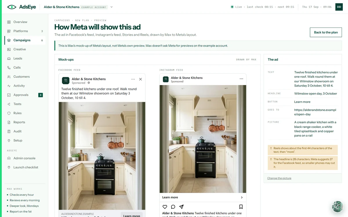 Mock-ups of one ad in the Facebook feed and the Instagram feed, with the ad’s text, headline, button, landing page and picture listed beside them, and a note that Reels shows about the first 44 characters
