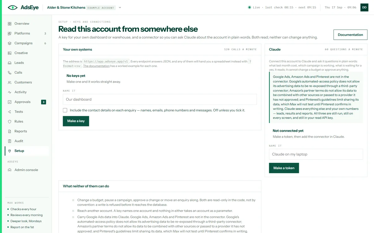 The keys and connections screen: a key for your own dashboard, a token for your AI assistant, and what neither of them can do