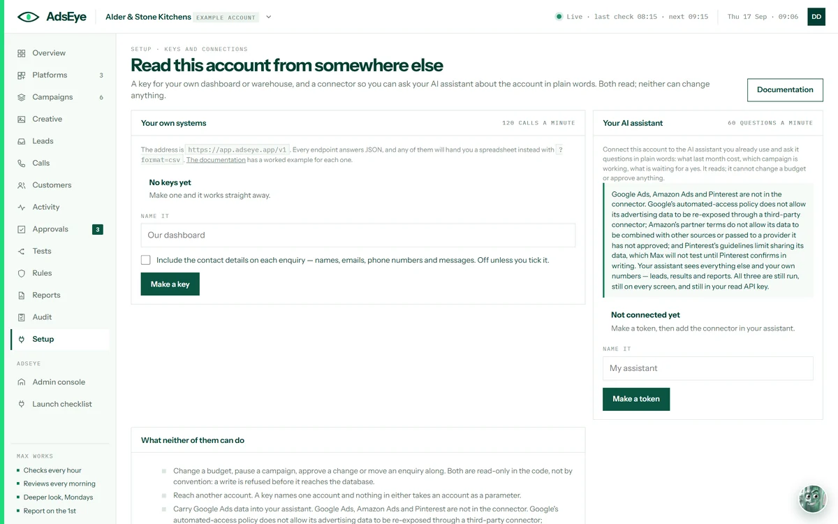 The keys and connections screen: a key for your own dashboard, a token for your AI assistant, and what neither of them can do
