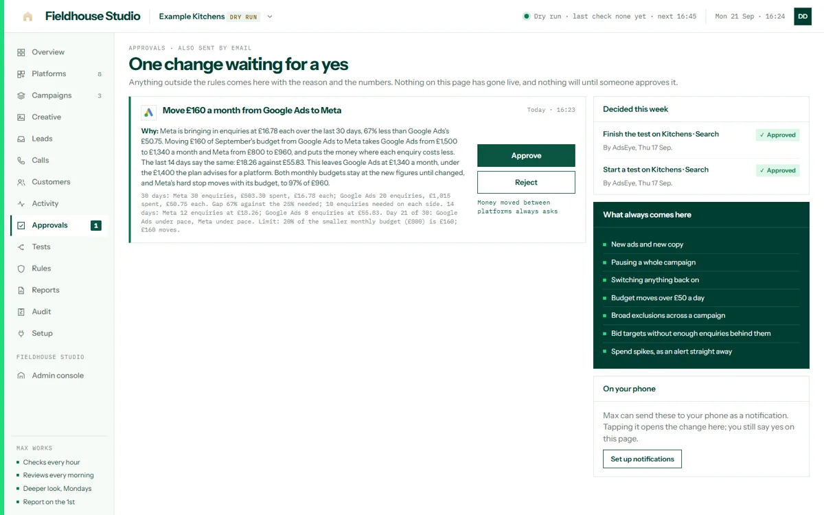 The approvals screen: three changes waiting for a yes, each with the reason, the numbers and a mock-up of the ad, with approve, edit and reject buttons
