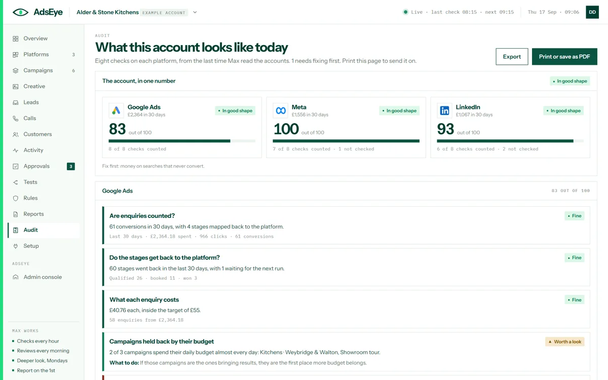 The audit screen: each platform scored out of 100 from eight checks, with what was found, what to do and what was not checked