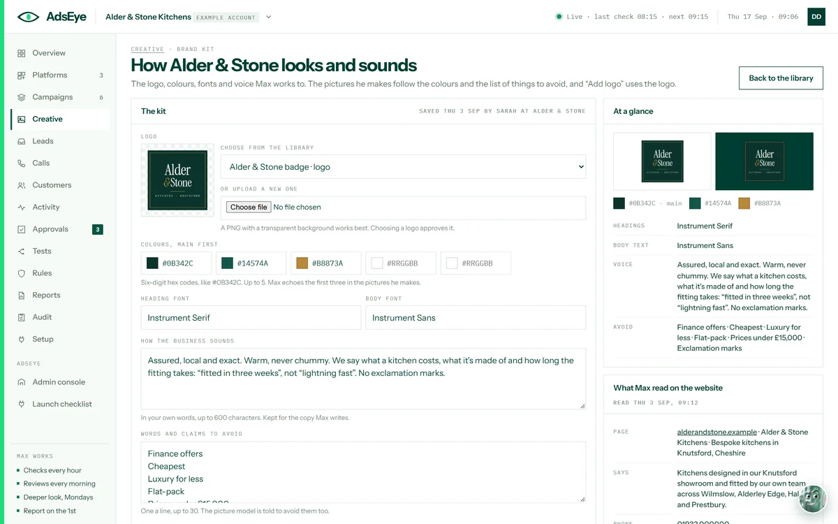 The brand kit: a logo, three brand colours, heading and body fonts, a description of how the business sounds, words and claims to avoid, and what Max read on the website