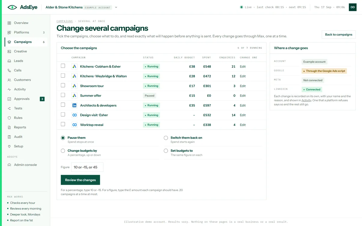 The change-several screen: every campaign across the platforms with a tick box each, and four operations: pause, switch back on, change budgets by a percentage, set budgets to a figure