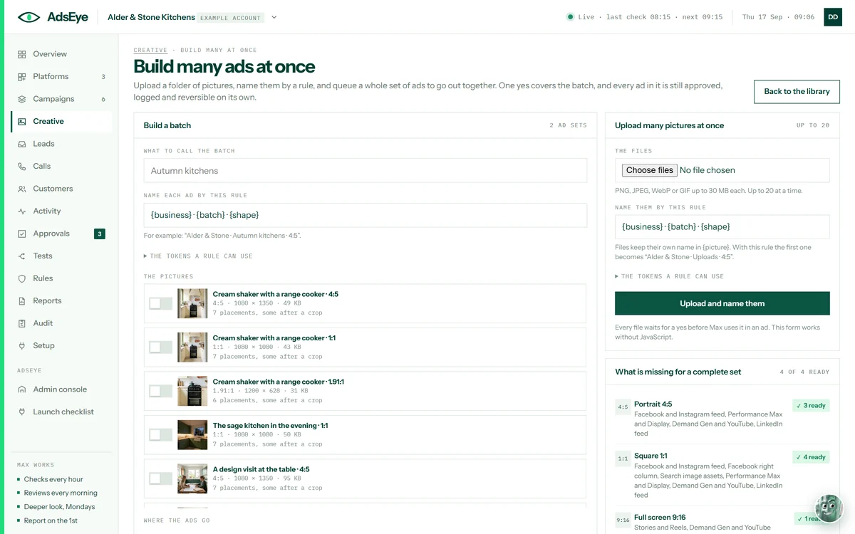 The build-many screen: a batch name and a naming rule, approved pictures to choose from, an upload box for up to twenty files, and a count by shape of what is missing for a complete set