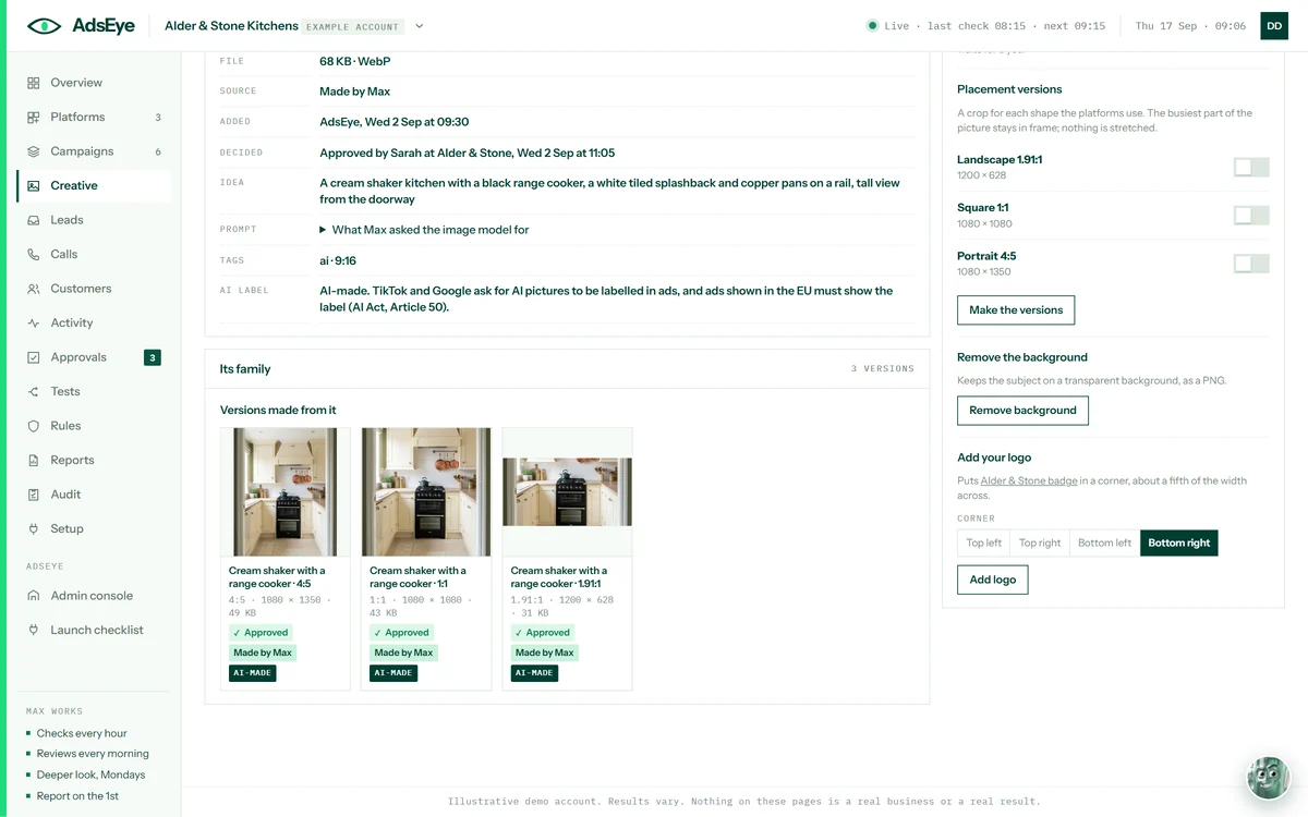 The lower half of a picture’s page: who made and approved it, the idea behind it, its AI label, three versions made from it, and controls to make placement versions, remove the background and add a logo