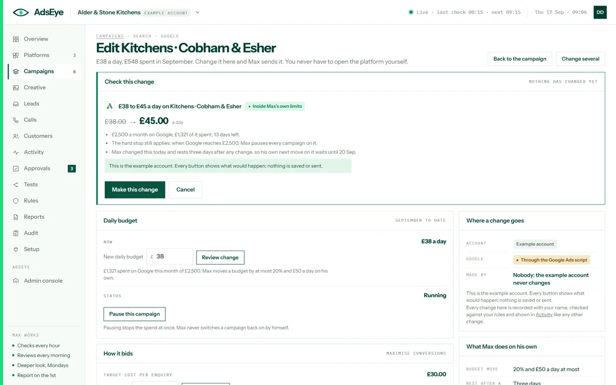 The editor’s review step: £38 to £45 a day on a campaign, what that means for the month, the hard stop still applying, and a Make this change button