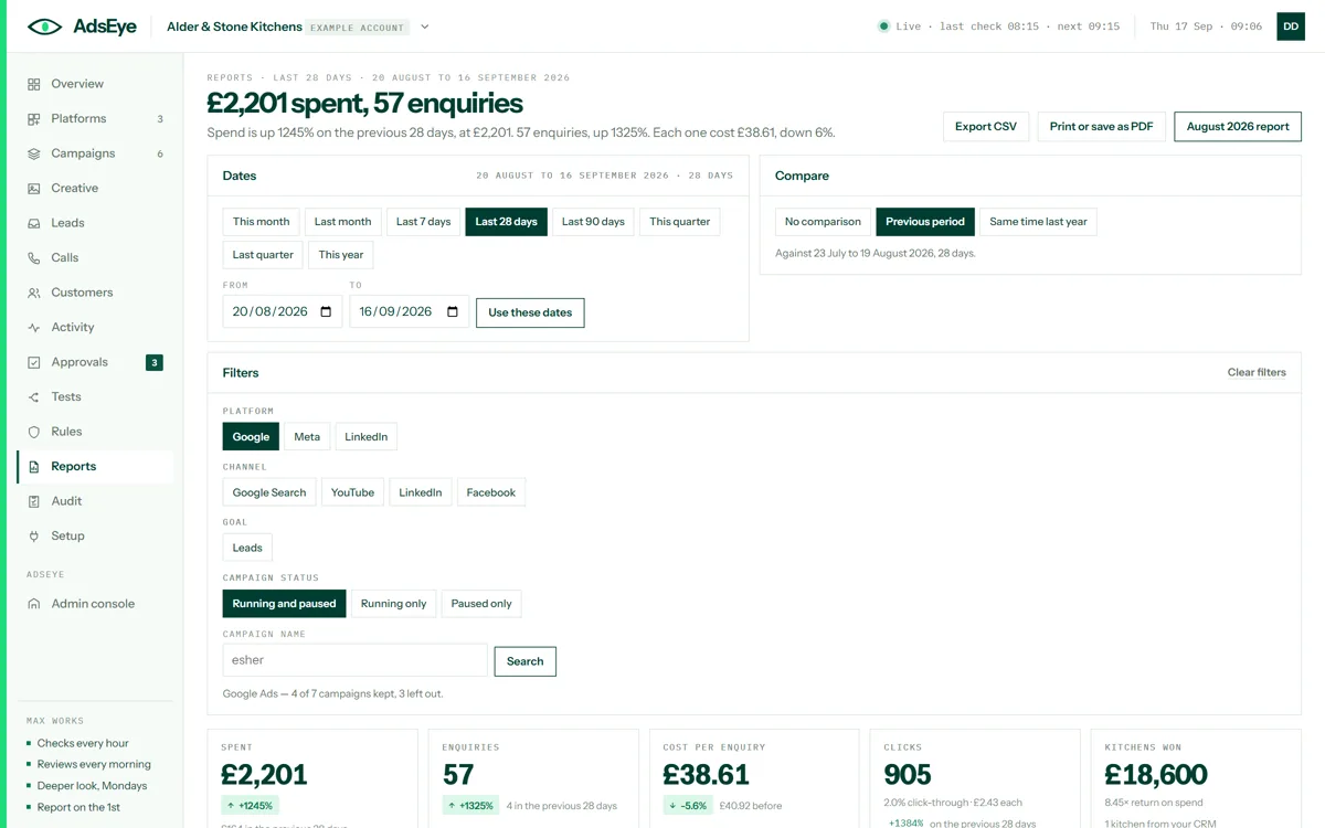 The reports explorer: the last 28 days compared with the previous period, filtered to Google campaigns with Esher in the name, with spend, enquiries and cost per enquiry