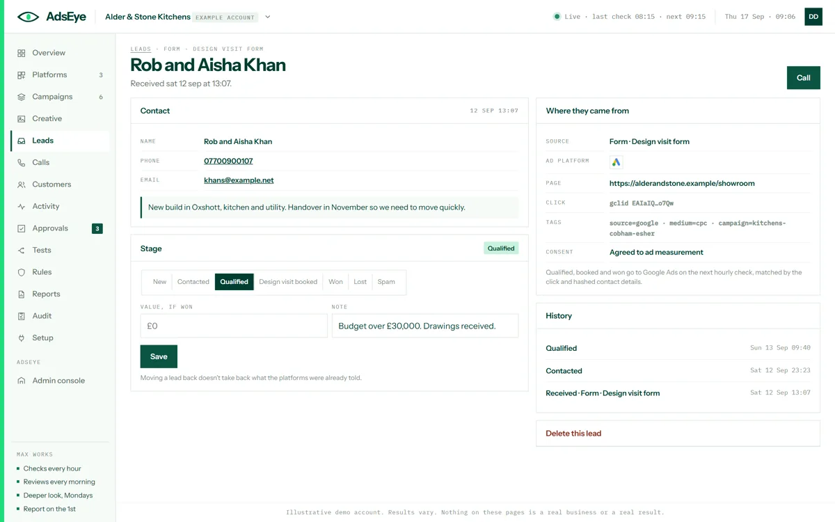 One lead: the contact details and message, where they came from with the page, the click ID and the tags, consent, the stage with a value and a note, and the history