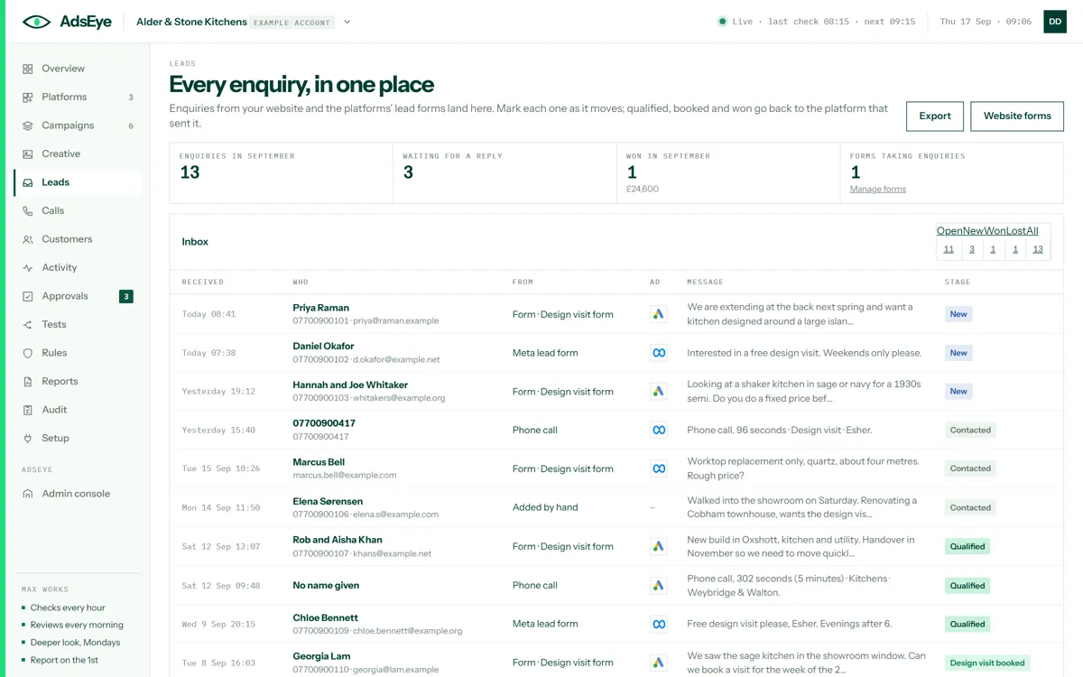 The lead inbox: thirteen enquiries from the website form, a Meta lead form, phone calls and one added by hand, each with who, where from, which ad, the message and its stage