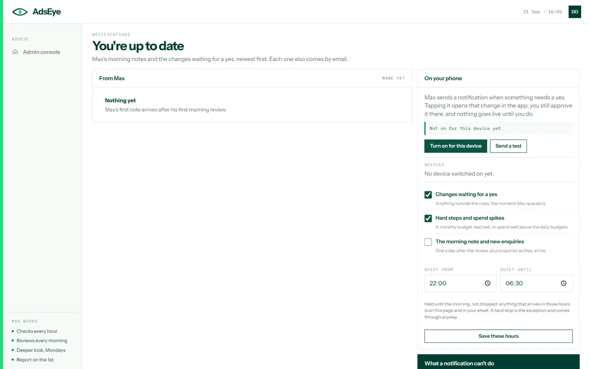 The notifications screen: the morning note and approvals as a list, and the On your phone panel for switching a device on, with quiet hours and what to be told about
