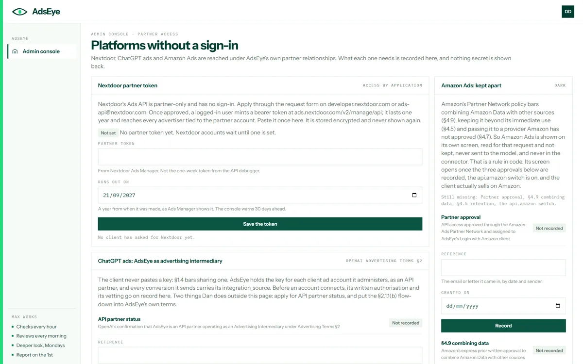The partner access console: the platforms without a sign-in, each with what its approval needs and whether it has been recorded
