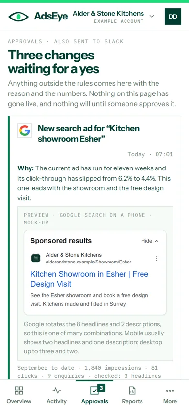 Approvals on a phone: three changes waiting for a yes, each with its reason and approve, edit and reject buttons