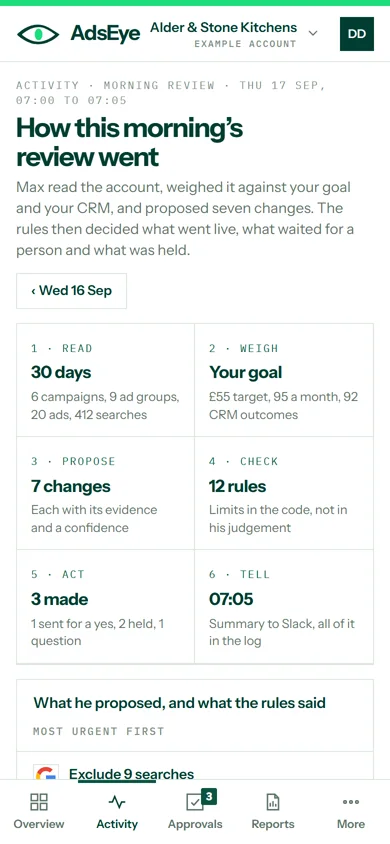The daily review on a phone: the six steps and each proposal as a card with its evidence and outcome