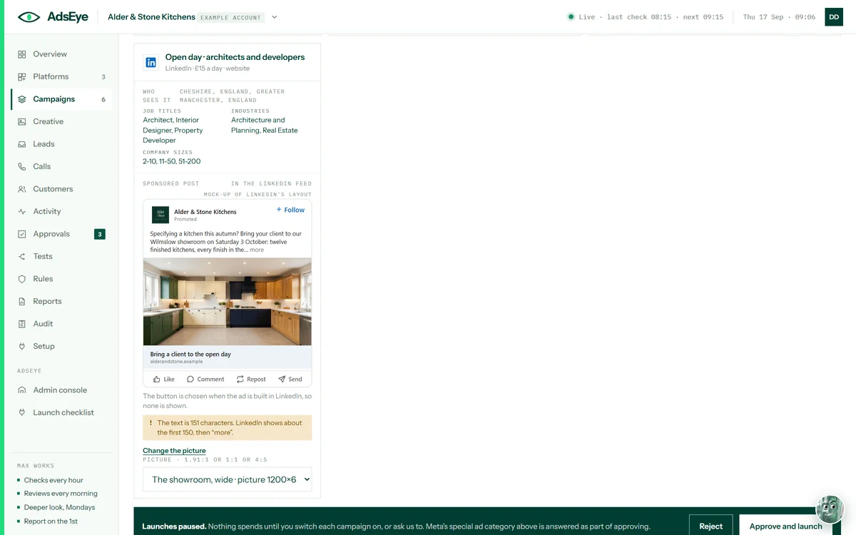 The LinkedIn part of a plan: who sees the ad by place, job title and industry, a mock-up of the sponsored post, and a bar saying launches are paused, with reject and approve buttons