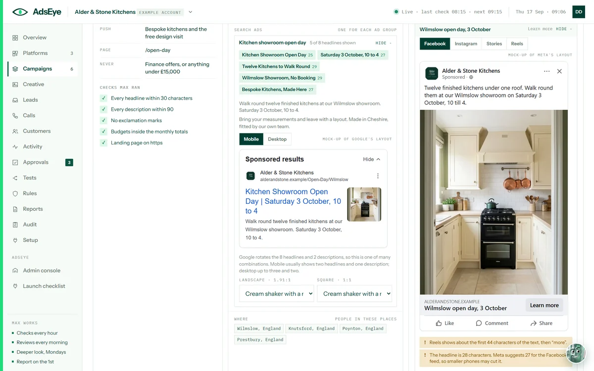 Inside a plan: five checks passed, a mock-up of a Google search ad with its headlines and character counts, the places targeted, and a Facebook mock-up of the same offer