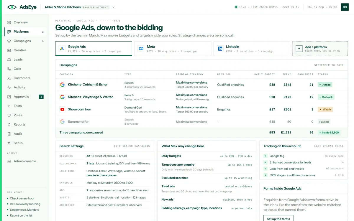 The Google Ads platform screen: campaigns with bidding strategy, budget and enquiries, the search settings, what Max may change, and tracking on the account