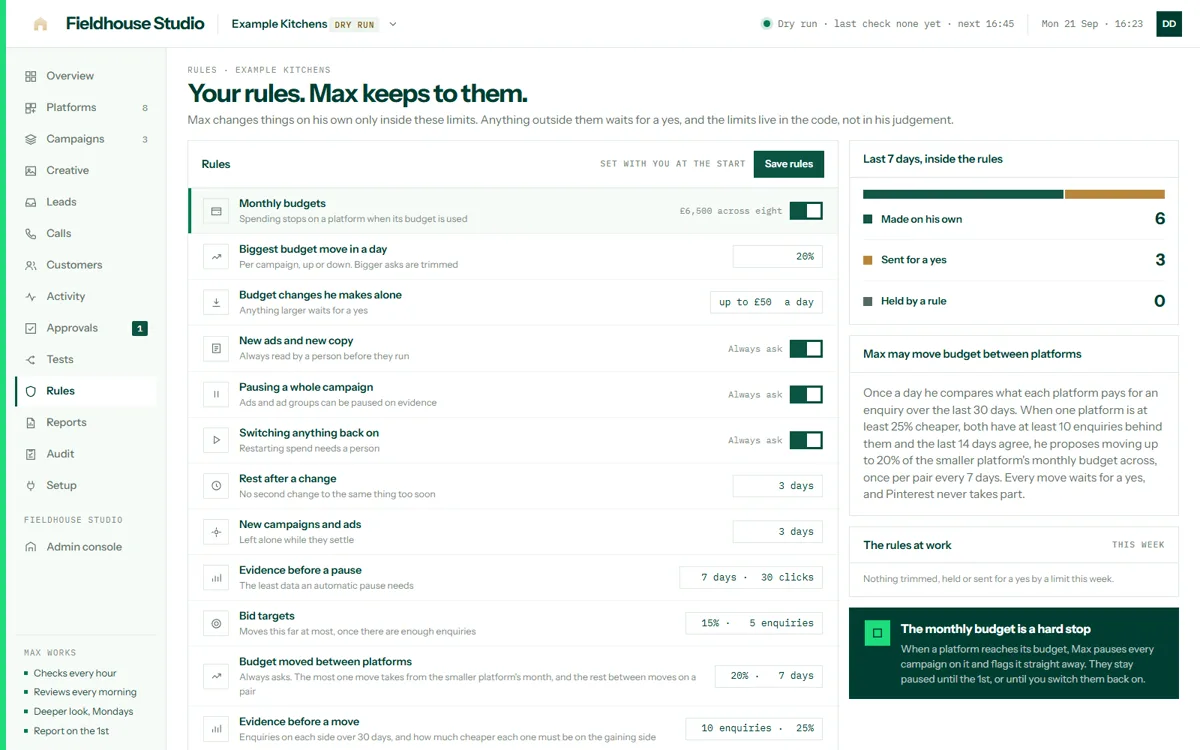 The rules screen: the limits Max works within, what always asks, the hard stop at the monthly budget, and the last seven days inside the rules