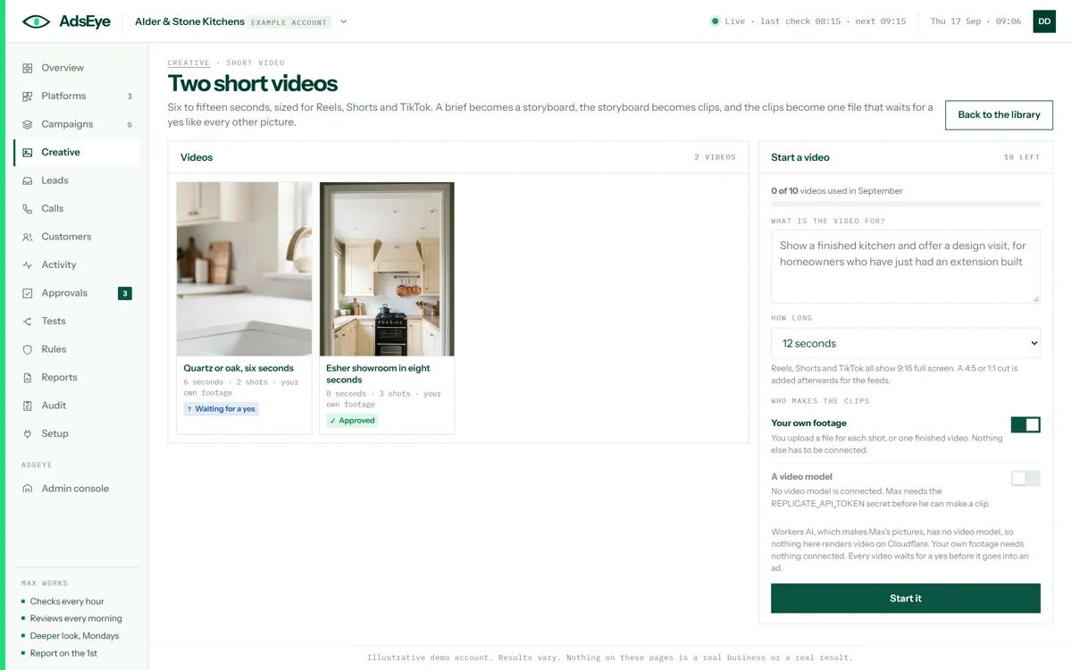 The short video screen: two videos, one approved and one waiting for a yes, and a form to start a new one from a brief with a length and who makes the clips