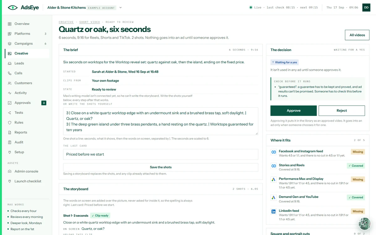A six-second video waiting for a yes, with a check before it runs flagging the word guaranteed, approve and reject buttons, and the placements the video covers