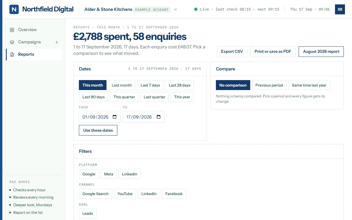 The reports screen under Northfield Digital’s brand: spend and enquiries for the month, date ranges, comparisons and filters, with export and PDF buttons